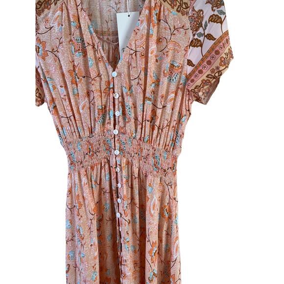 Ruby Sees V Neck Button Front Maxi dress Peach Floral Print - Picture 4 of 8